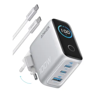 Zasilacz do laptopa Anker 100W (B121BG41) 2x USB-C, 1x USB-A, Kolorowy wyświetlacz, Kabel w zestawie, Srebrny
