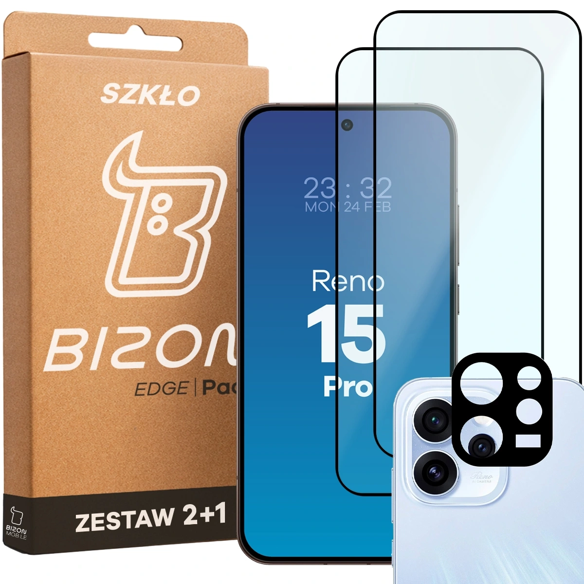 Zestaw ochronny Bizon Szkło + szybka na aparat Glass Edge Pack do Oppo Reno 15 Pro 2 sztuki