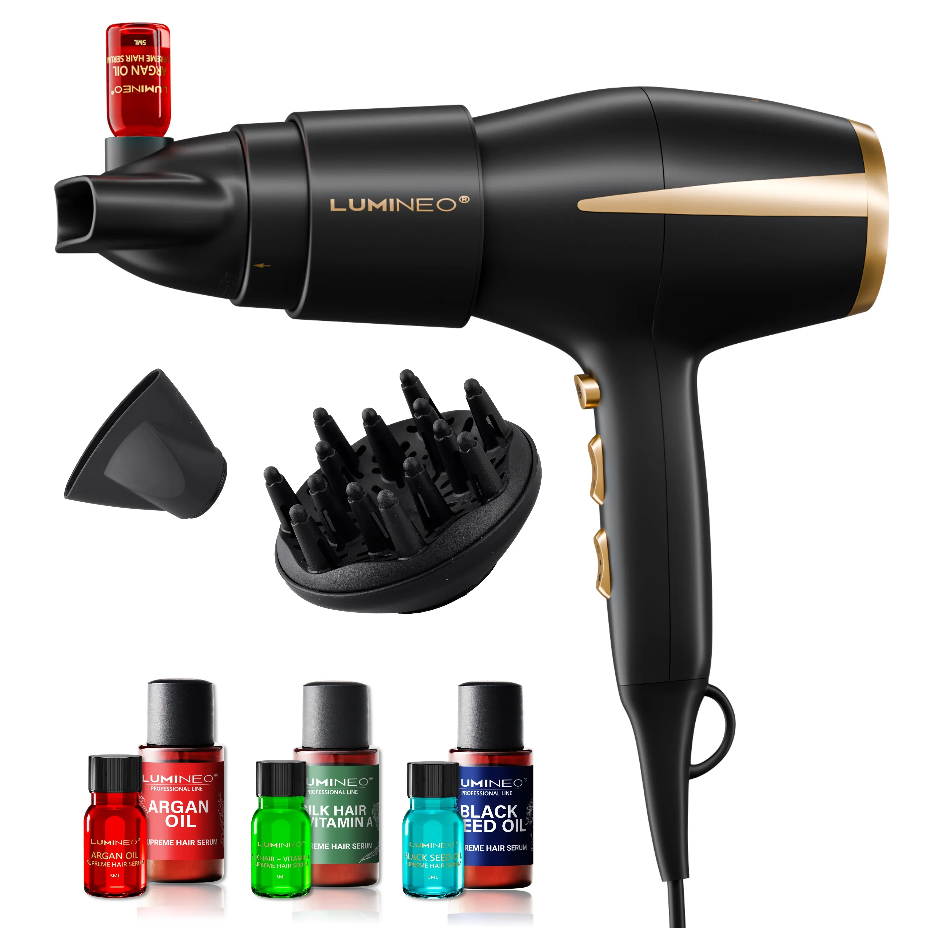 Suszarka do włosów Lumineo HD100BI Jonizacja Zimny nawiew Dyfuzor 2400W 2 prędkości 3 temperatury + Zestaw 3 serum