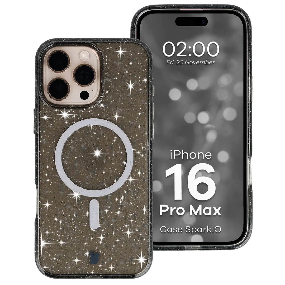 Etui Bizon Case SparklO do iPhone 16 Pro Max Przezroczysto-Czarne z Brokatem