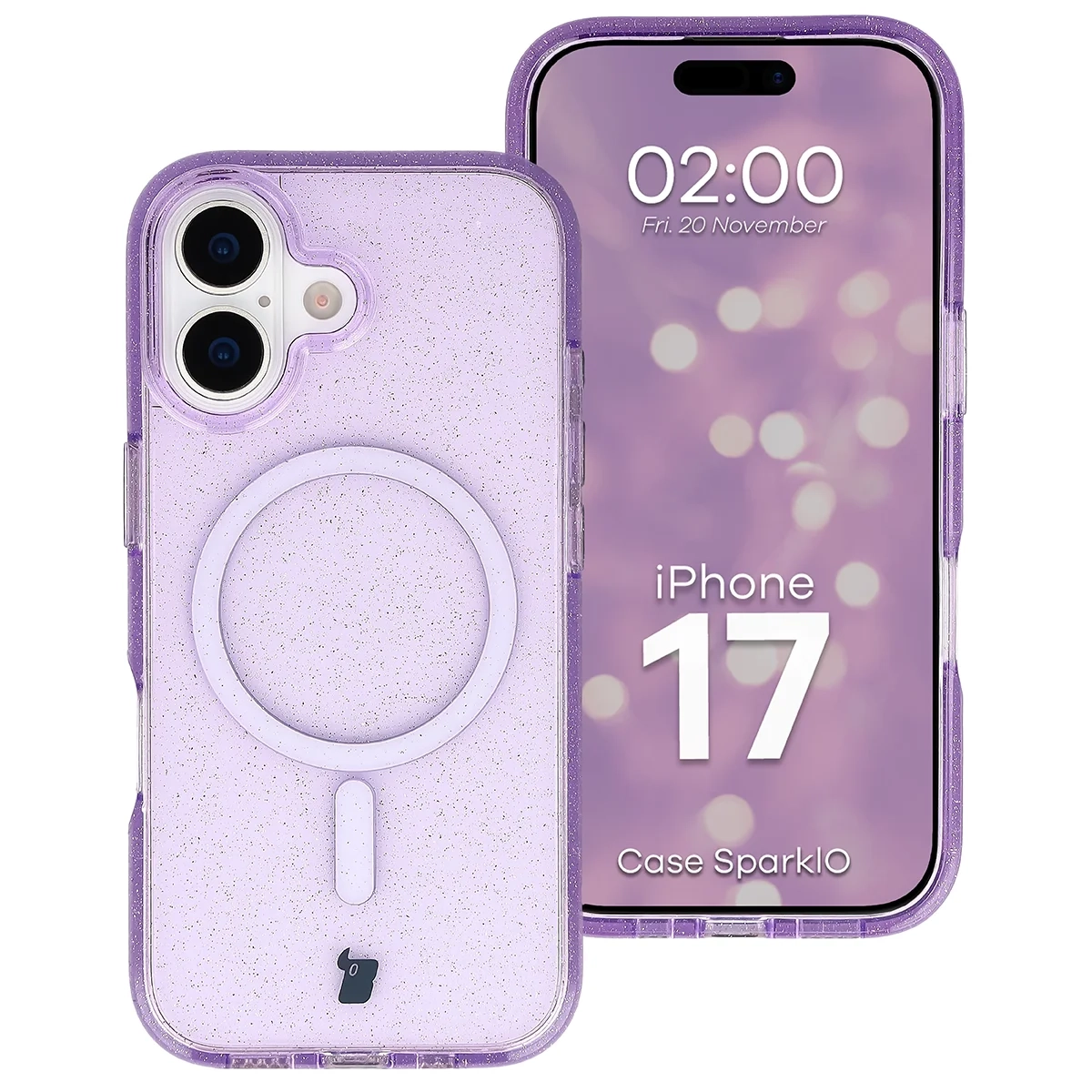 Etui Bizon Case SparklO do iPhone 17 Przezroczysto-Fioletowe Z Brokatem
