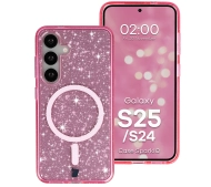 Bizon Case SparklO do Galaxy S25 / S24 Przezroczysto-Różowe Z Brokatem