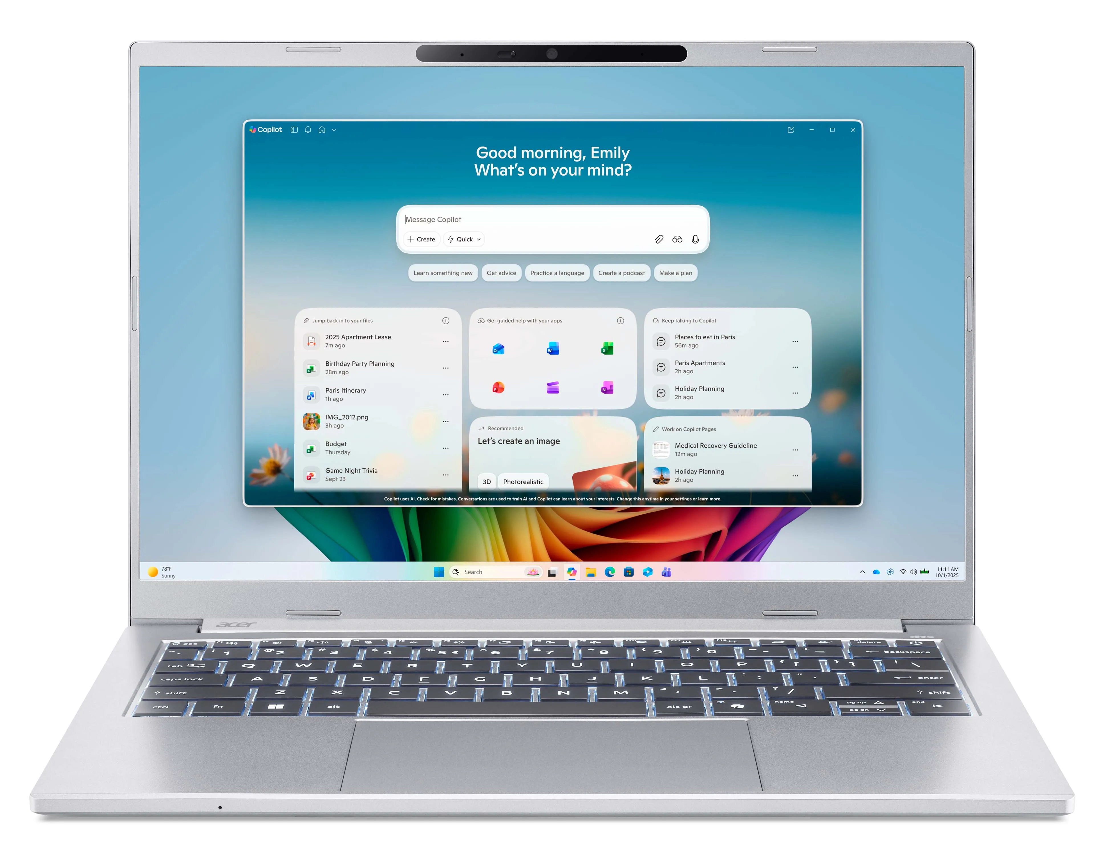 Laptop Acer Aspire 14 AI A14-I71M 14" Ultra 5 325 16GB RAM 512GB Dysk SSD Win11 Srebrny Funkcje AI