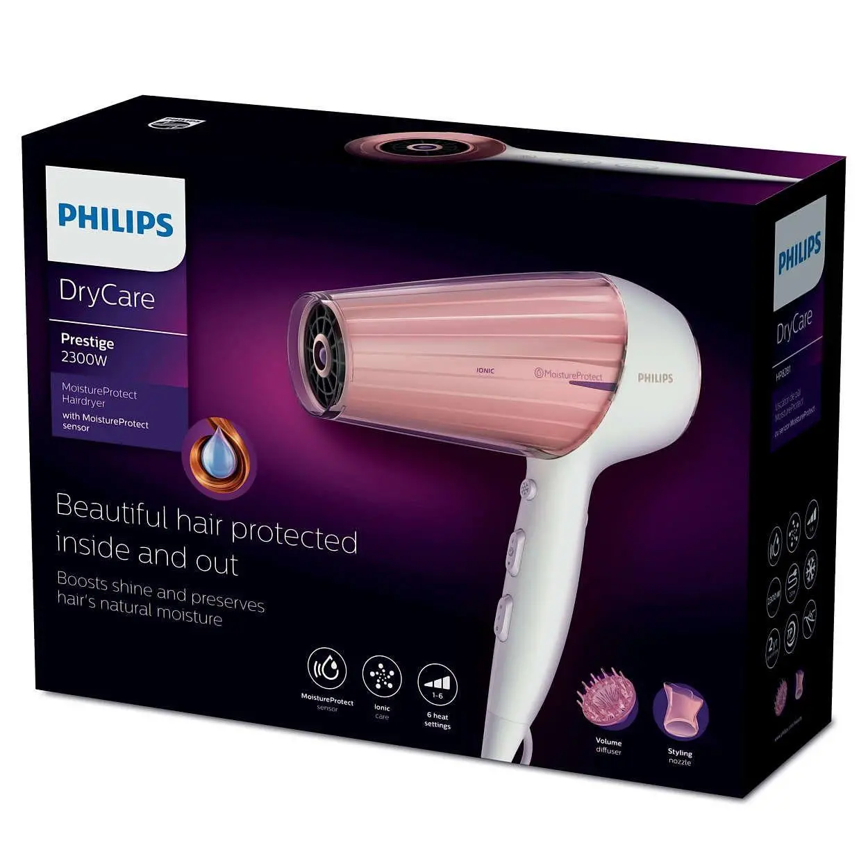 Suszarka do włosów Philips DryCare Prestige HP8281/00 Jonizacja Dyfuzor Zimny nawiew 2300W 2 prędkości 3 temperatury