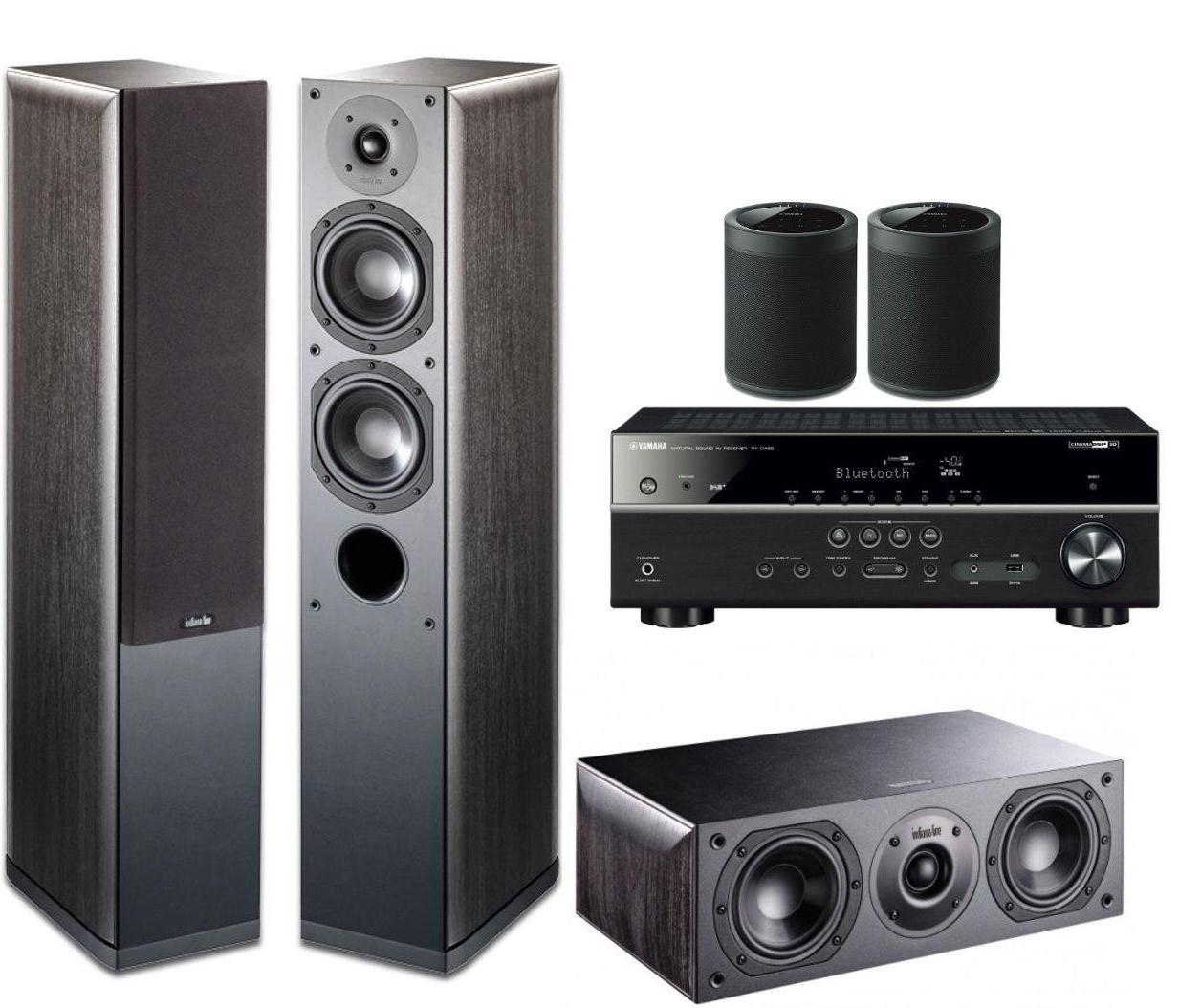 Zestaw kina Yamaha MusicCast RX-V485 (czarny), Indiana Line Nota 550 X/740 X (czarny dąb) / Yamaha 2x WX-021 (czarny)