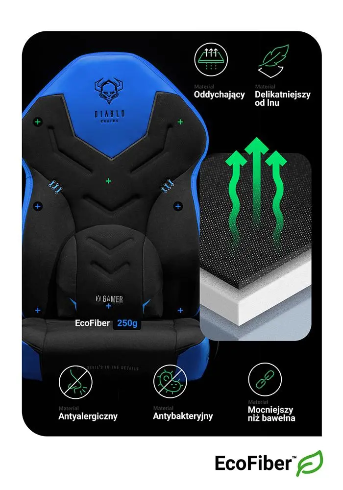 Fotel Diablo Chairs X-Gamer 2.0 Normal Size Gamingowy do 150kg Skóra ECO Tkanina Cool water