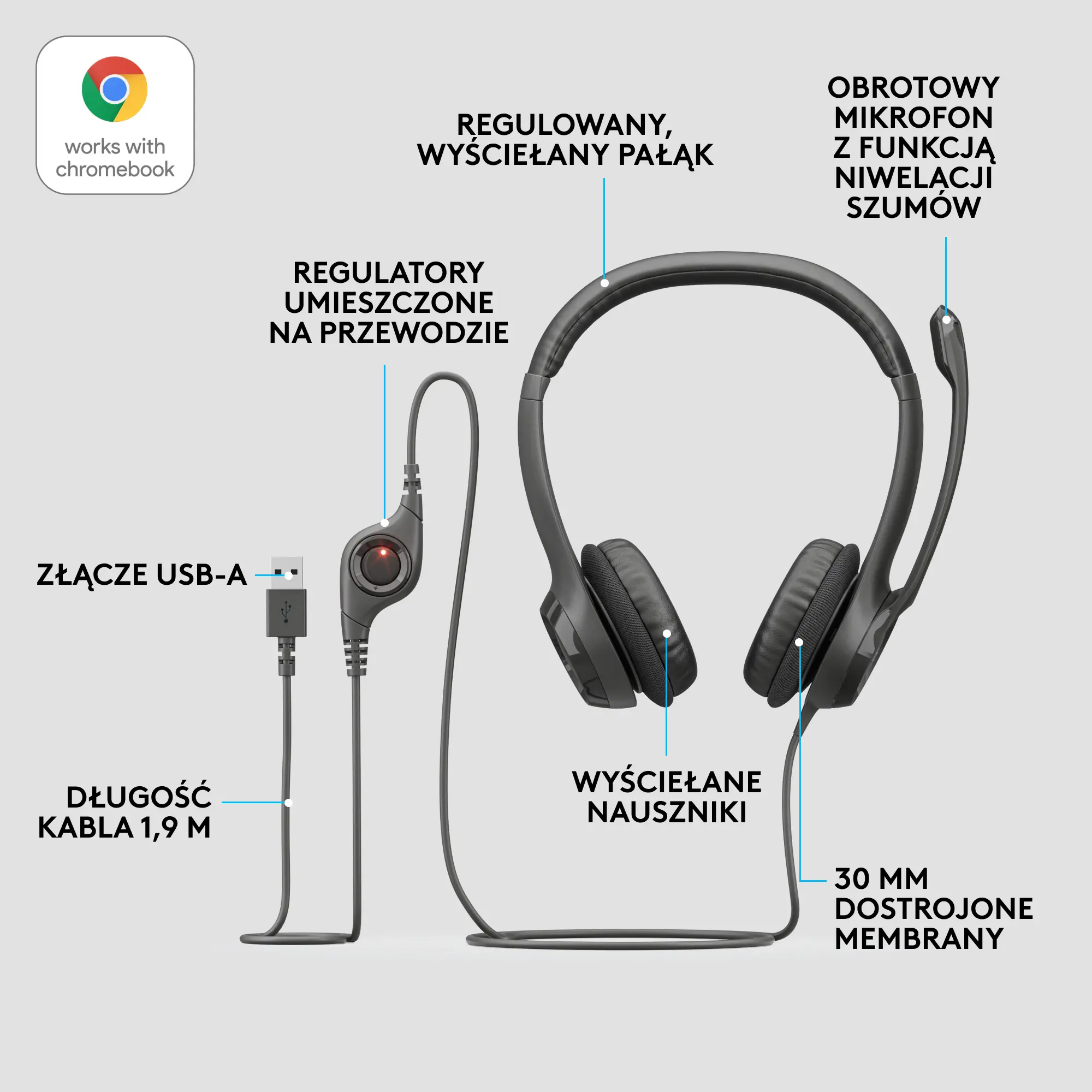 Słuchawki przewodowe z mikrofonem Logitech USB Headset H390 Nauszne Czarny