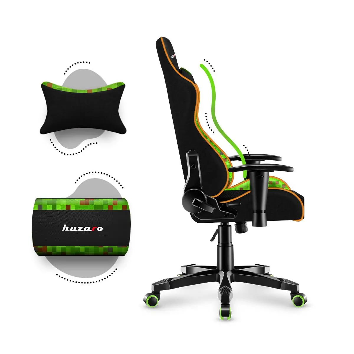 Fotel Huzaro Ranger 6.0 Mesh Dla dzieci do 130kg Tkanina Pixel Czarno-zielony