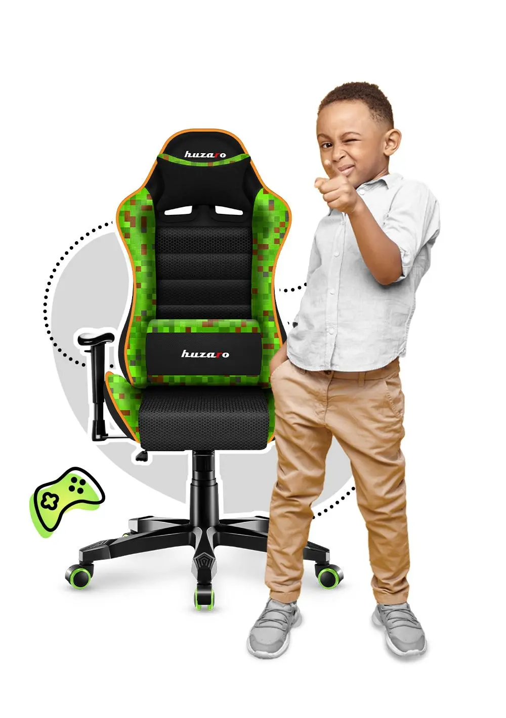 Fotel Huzaro Ranger 6.0 Mesh Dla dzieci do 130kg Tkanina Pixel Czarno-zielony