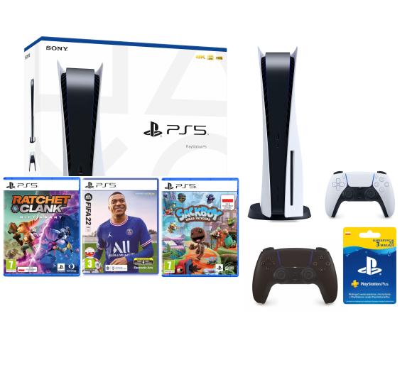 konsola PS5 Sony PlayStation 5 (PS5) + Sackboy: Wielka Przygoda + Ratchet & Clank: Rift Apart + FIFA 22 + PS Plus 3 m-ce + pad (czarny)
