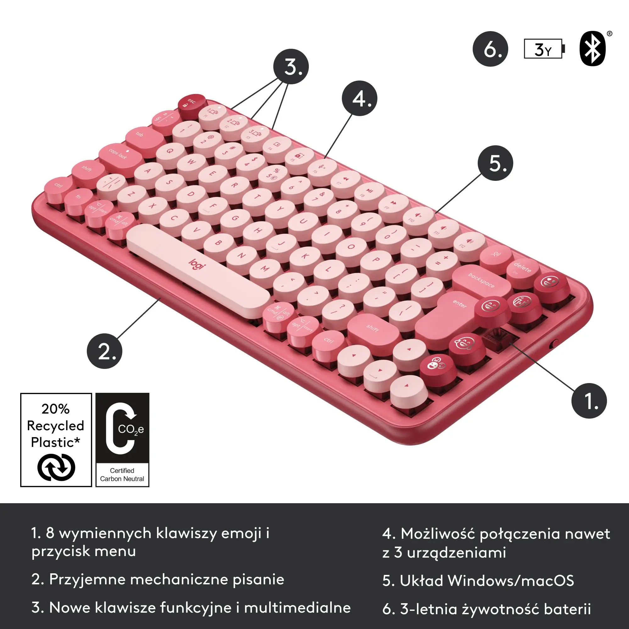 Klawiatura mechaniczna Logitech POP Keys Heartbreaker Malinowy