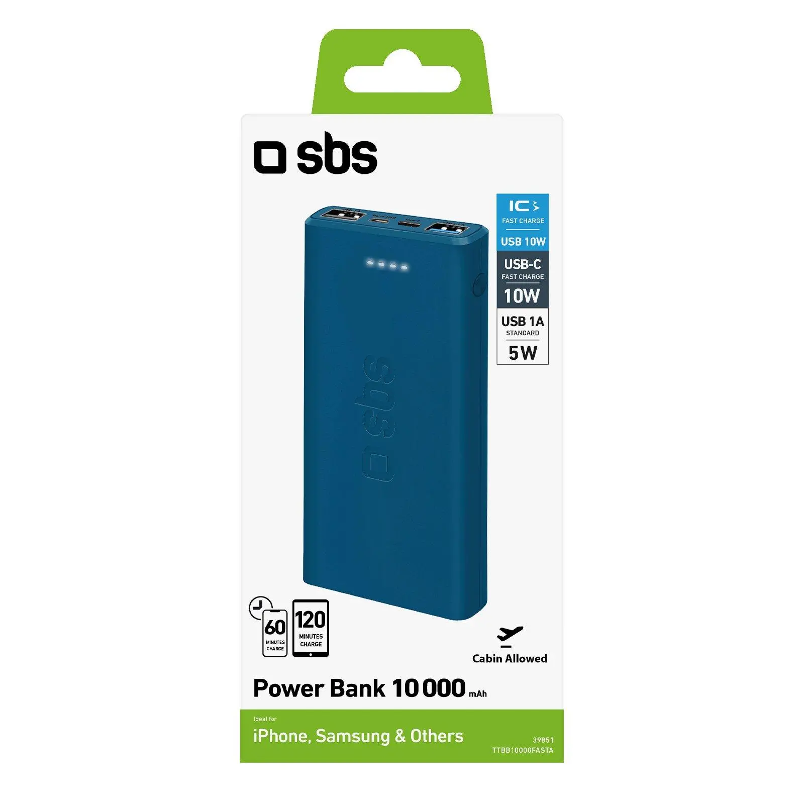 Powerbank SBS TTBB10000FASTA 10000mAh USB-C + micro USB 10W Niebieski