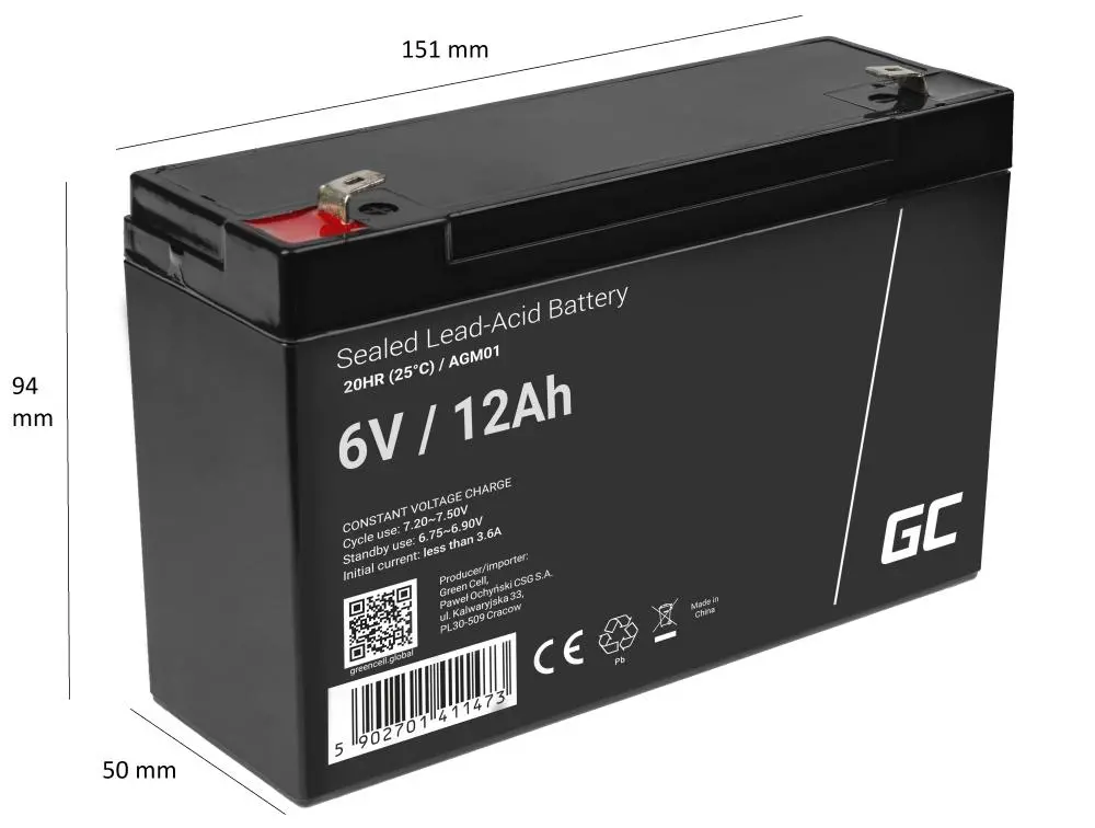 Akumulator Green Cell AGM01 AGM VRLA 6V 12Ah