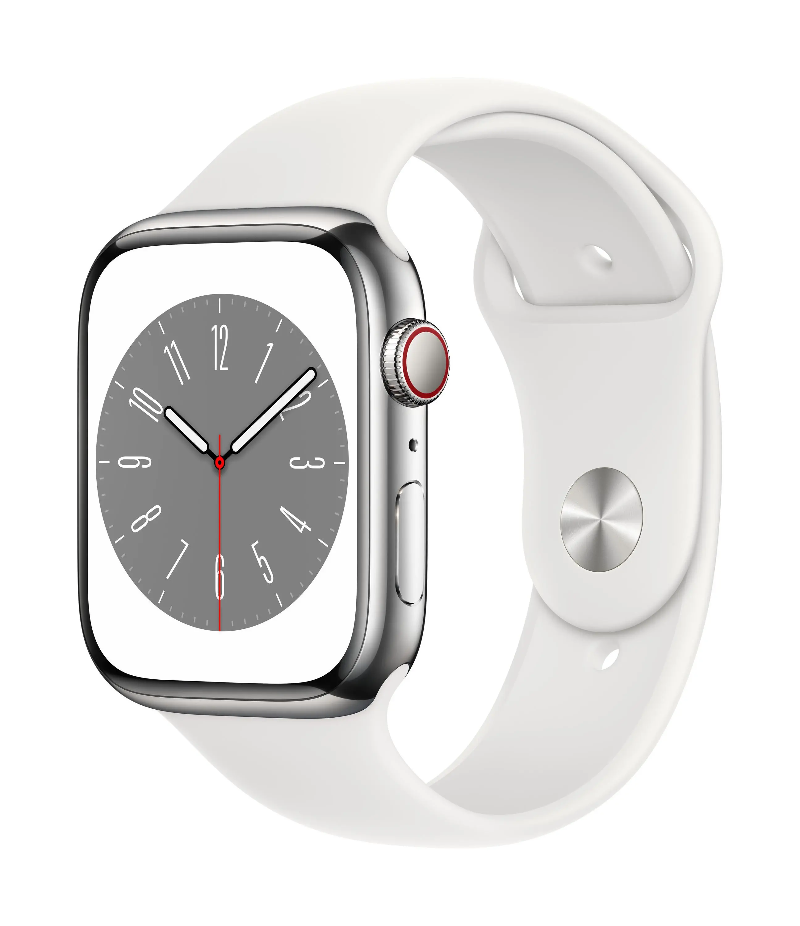 Apple Watch Series 8 GPS - Cellular 45mm koperta ze stali nierdzewnej srebrny - pasek sportowy biały