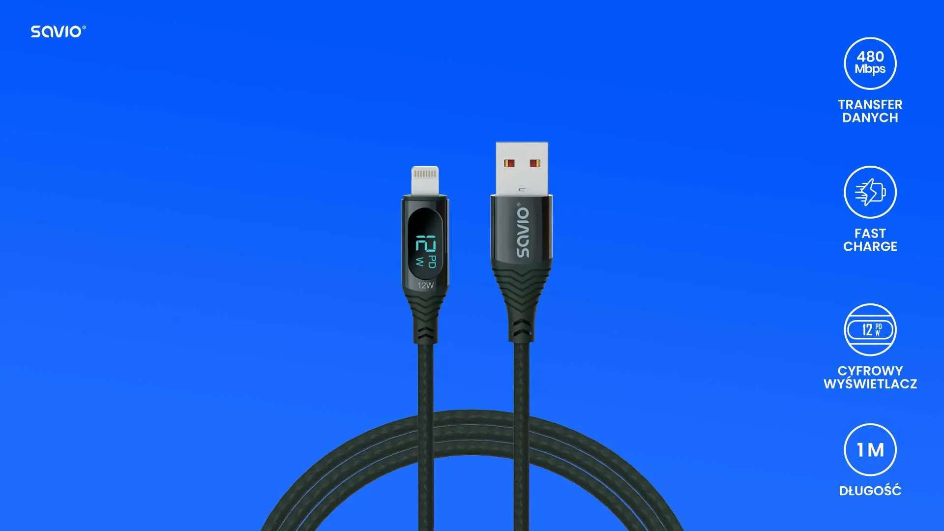 Kabel Savio CL-173 USB-A-LIGHTNING 1M + wyświetlacz cyfrowy Czarny