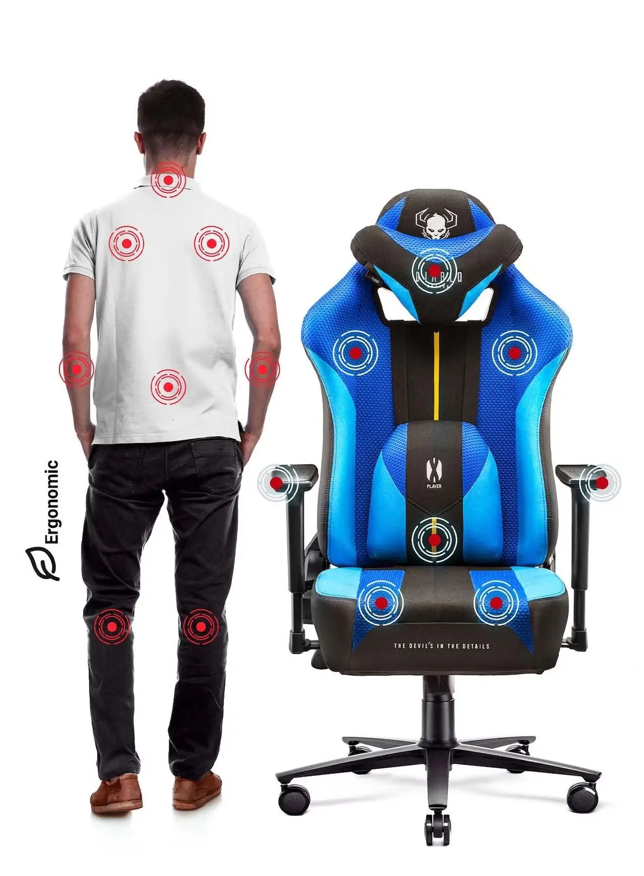 Fotel Diablo Chairs X-Player 2.0 Normal Size Gamingowy do 150kg Skóra ECO Tkanina Czarno-niebieski