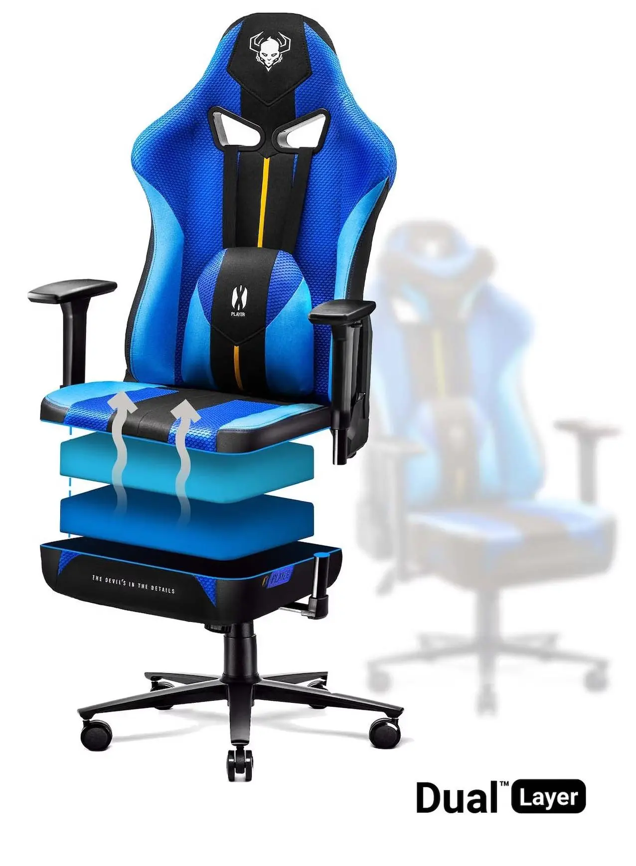 Fotel Diablo Chairs X-Player 2.0 Normal Size Gamingowy do 150kg Skóra ECO Tkanina Czarno-niebieski