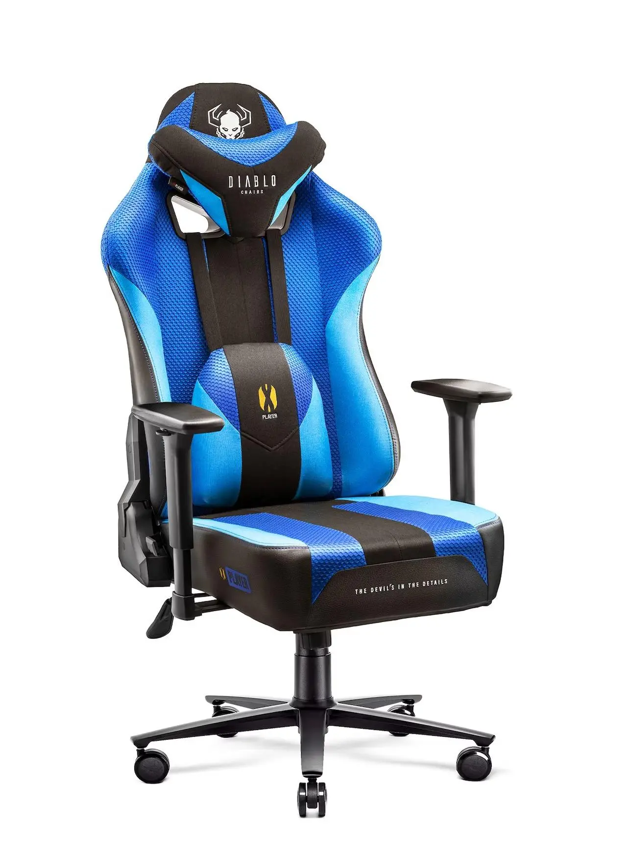 Fotel Diablo Chairs X-Player 2.0 Normal Size Gamingowy do 150kg Skóra ECO Tkanina Czarno-niebieski