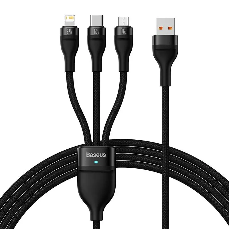 Kabel Baseus USB 3w1 Flash II USB-C + micro USB + Lightning 66W 1,2m Czarny