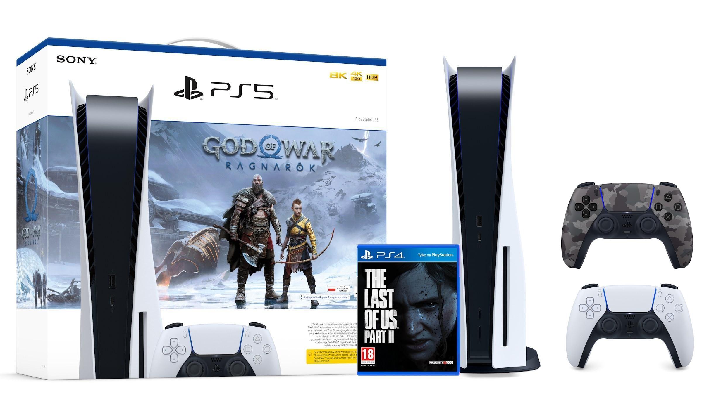 Konsola Sony PlayStation 5 (PS5) z napędem + dodatkowy pad (szary kamuflaż) + God of War Ragnarok + The Last of Us Part II