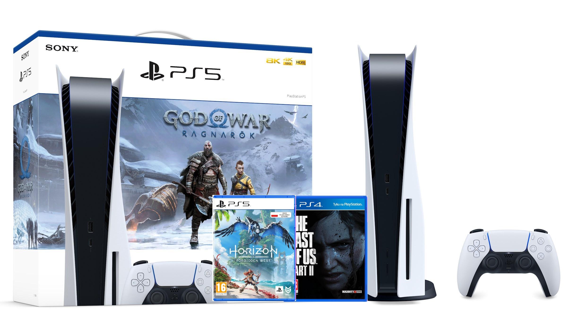 Konsola Sony PlayStation 5 (PS5) z napędem + God of War Ragnarok + The Last of Us Part II + Horizon Forbidden West