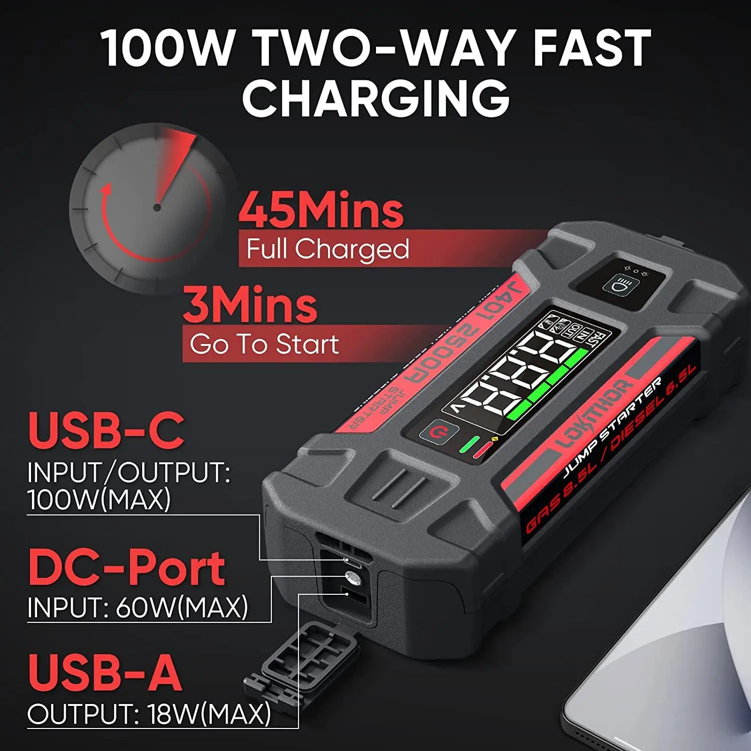 Powerbank Lokithor J401 Jump starter- 2500A 12V 74Wh 100W Czarny