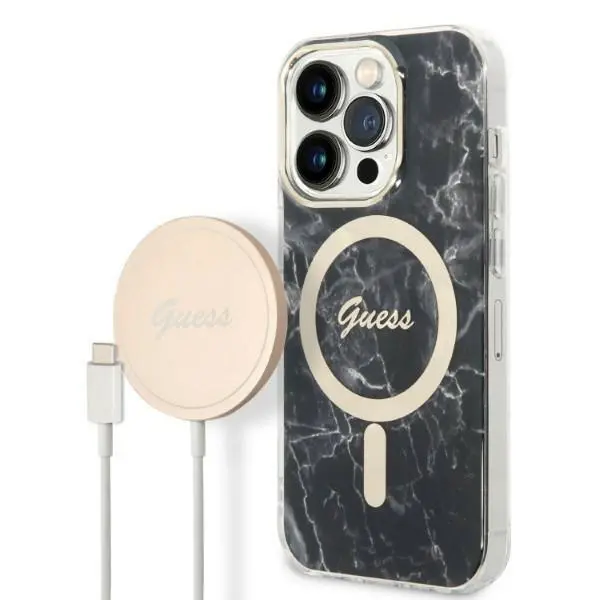 Zestaw Guess GUBPP14XHMEACSK ładowarka indukcyjna + etui Marble MagSafe do iPhone 14 Pro Max
