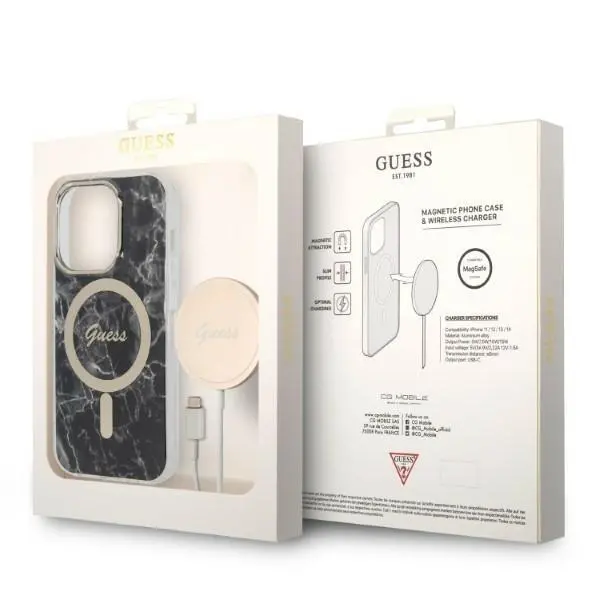Zestaw Guess GUBPP14XHMEACSK ładowarka indukcyjna + etui Marble MagSafe do iPhone 14 Pro Max