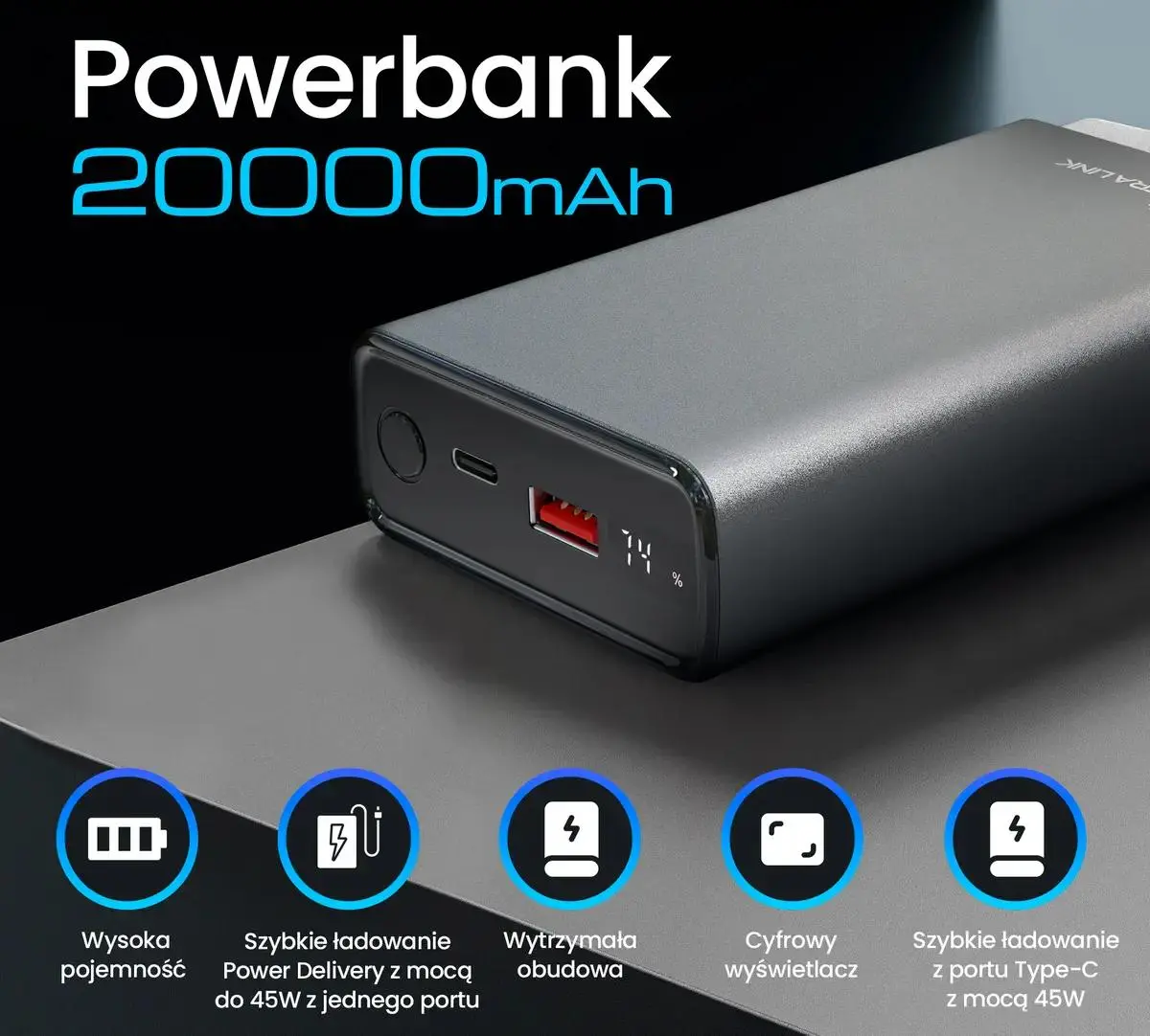 Powerbank Extralink EPB-126 20000mAh PD 45W Szary