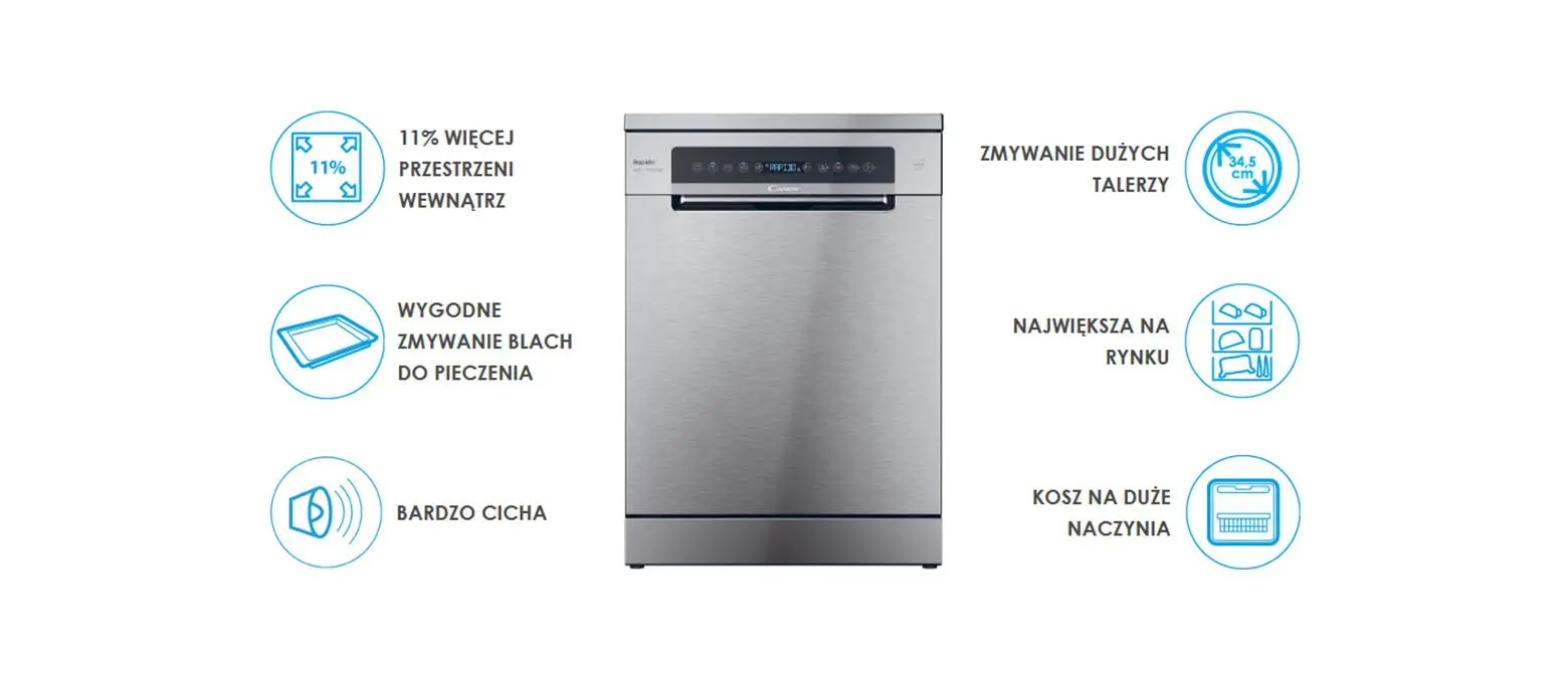 Zmywarka Candy RapidO CF 6B2S3PSX 59,7cm Automatyczne otwieranie drzwi Szuflada na sztućce Zdalne sterowanie