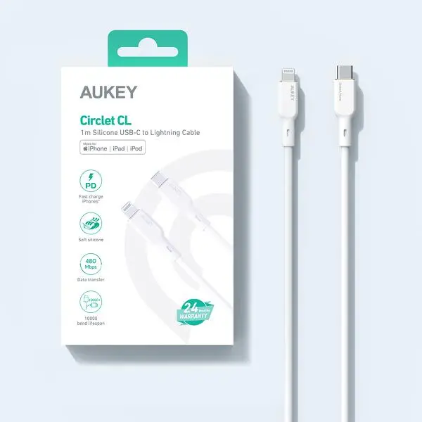 Kabel Aukey USB-C do Lightning MFi 27W 1,8m Biały