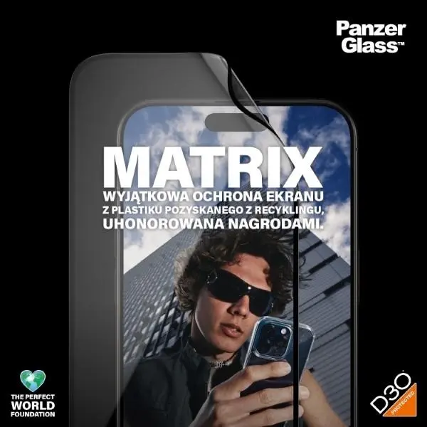 Szkło hybrydowe PanzerGlass Matrix D3O UWF iPhone 15 Pro Max Ultra-Wide-Fit rPET Screen Protection Easy Aligner Included
