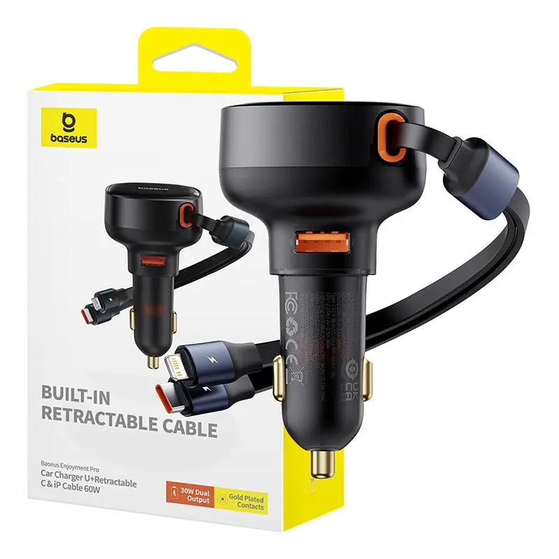 Ładowarka samochodowa Baseus Enjoyment USB z kablem USB-C i Lightning 60W Czarny