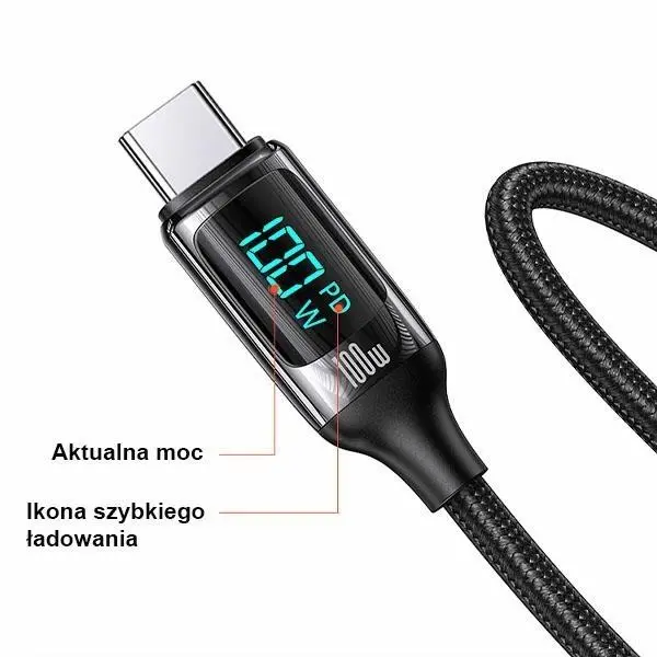 Kabel USAMS U78 USB-C na USB-C LED Fast Charging 100W 3m Czarny