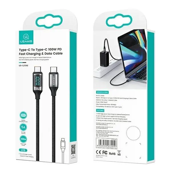 Kabel USAMS U78 USB-C na USB-C LED Fast Charging 100W 3m Czarny
