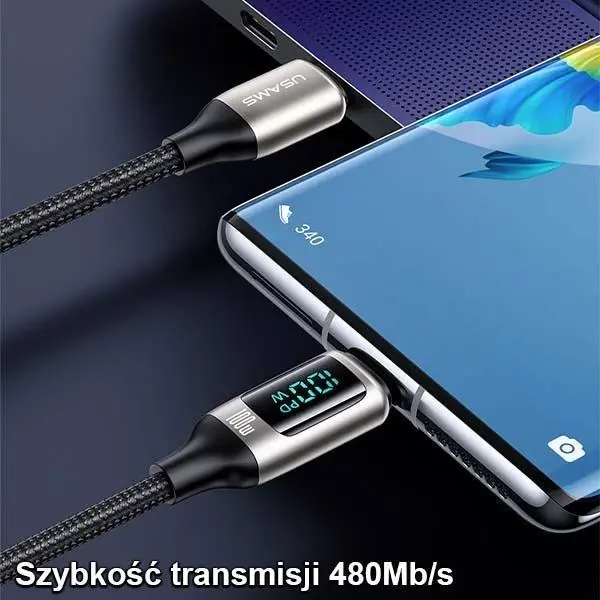 Kabel USAMS U78 USB-C na USB-C LED Fast Charging 100W 3m Czarny