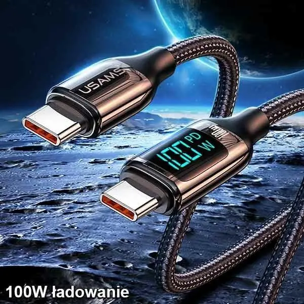 Kabel USAMS U78 USB-C na USB-C LED Fast Charging 100W 3m Czarny