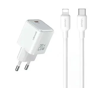 Ładowarka sieciowa USAMS YXXLOGTC03 1x USB-C PD3.0 Fast Charging + kabel USB-C/Lightning Biały