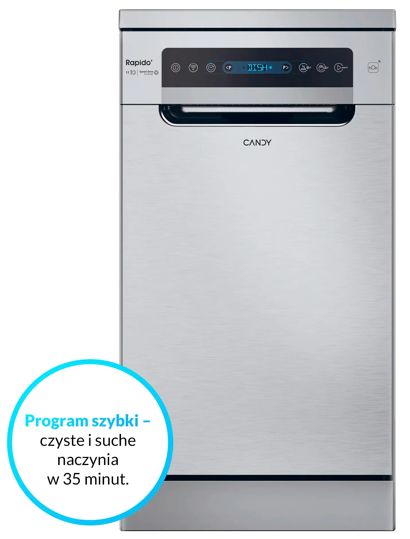 Zmywarka Candy RapidO CF1C7SB1FX 44,8cm Automatyczne otwieranie drzwi Szuflada na sztućce Zdalne sterowanie