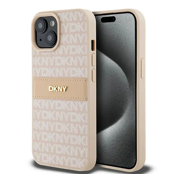 Etui DKNY Hardcase Leather Mono Stripe & Metal Logo do iPhone 15 Plus Różowy