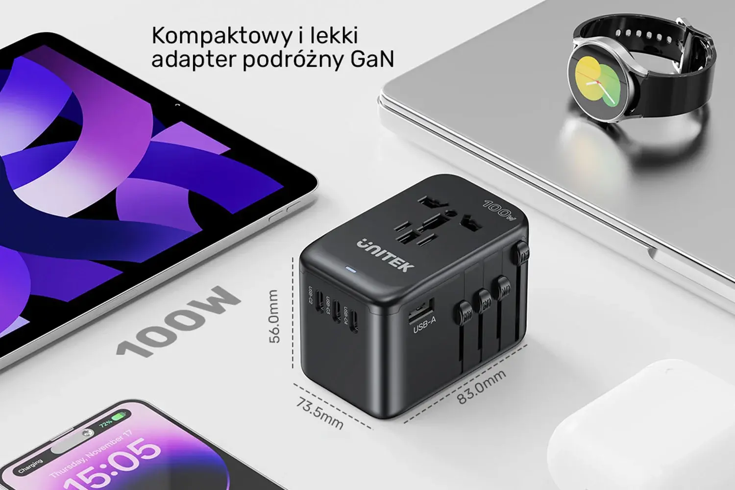 Ładowarka podróżna Unitek P1123ABK01 EU/US/UK/AUS PowerDelivery 100W