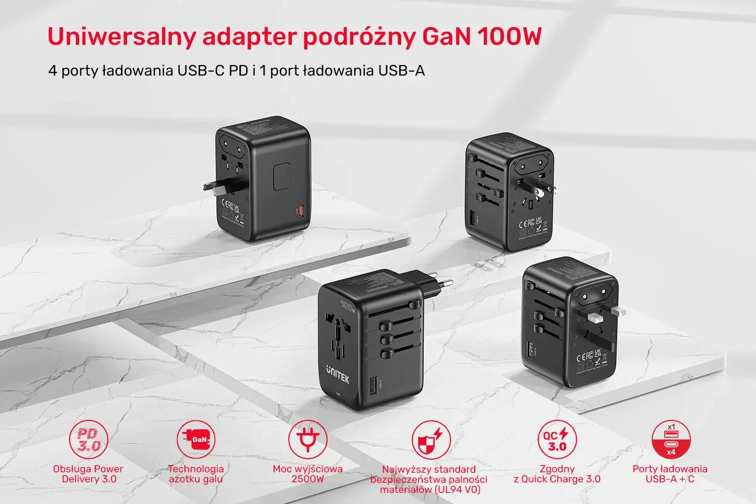 Ładowarka podróżna Unitek P1123ABK01 EU/US/UK/AUS PowerDelivery 100W