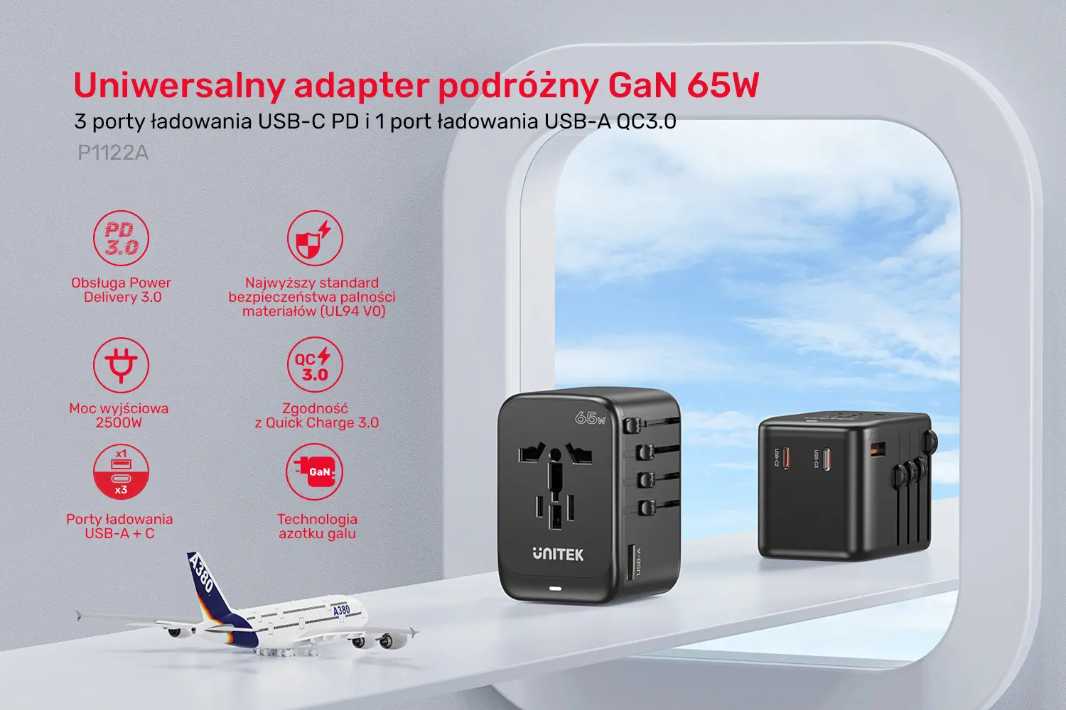 Ładowarka podróżna Unitek P1122ABK01 EU/US/UK/AUS PowerDelivery 65W