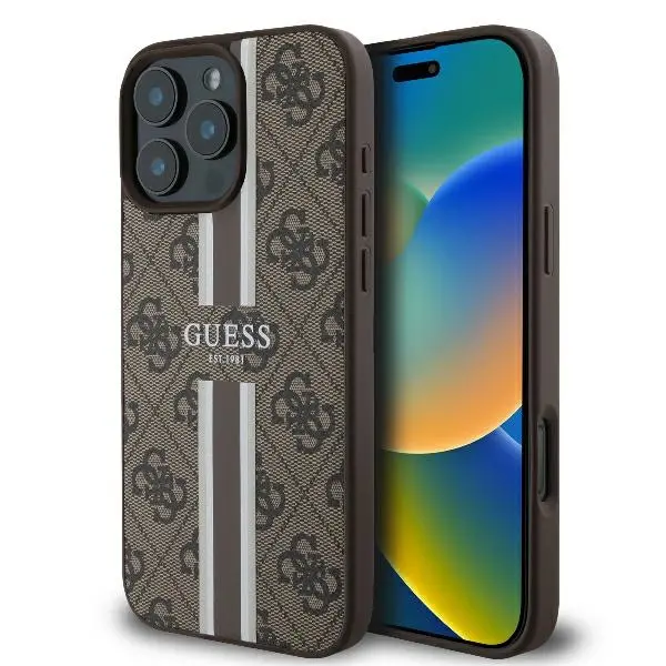 Etui Guess 4G Printed Stripes MagSafe do iPhone 16 Pro Brązowy