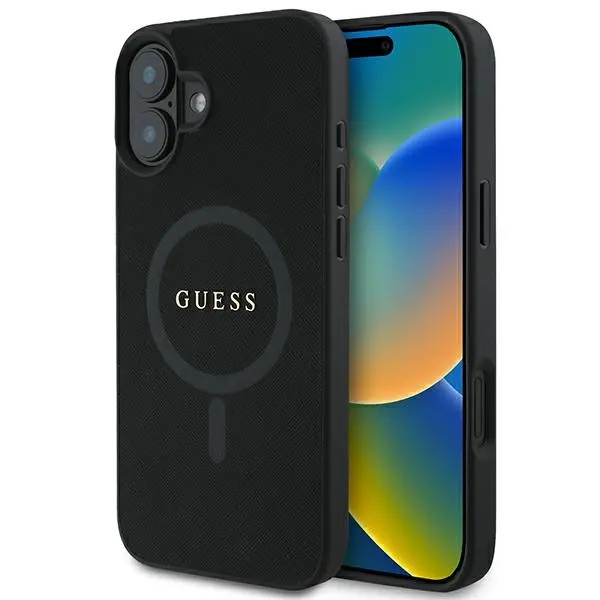 Etui Guess Saffiano Classic Logo MagSafe do iPhone 16 Plus Czarny