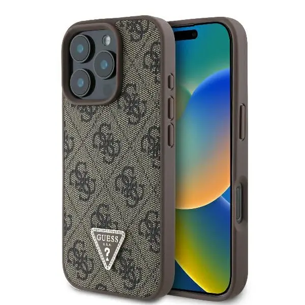 Etui Guess hardcase Leather 4G Triangle Strass iPhone 16 Pro Brązowy