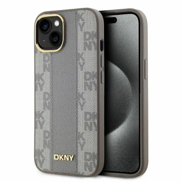 Etui DKNY Leather Checkered Mono Pattern MagSafe do iPhone 15 Beżowy