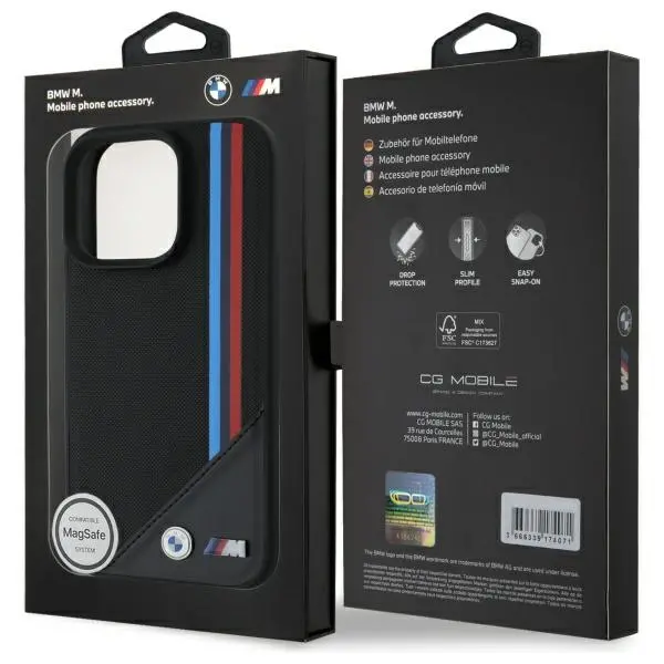 Etui BMW M Meshed Tricolor Stripes MagSafe do iPhone 16 Pro Max Czarny