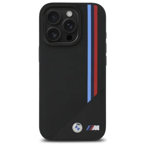 Etui BMW M Meshed Tricolor Stripes MagSafe do iPhone 16 Pro Max Czarny