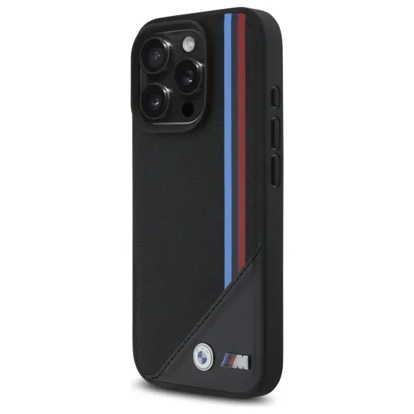 Etui BMW M Meshed Tricolor Stripes MagSafe do iPhone 16 Pro Max Czarny